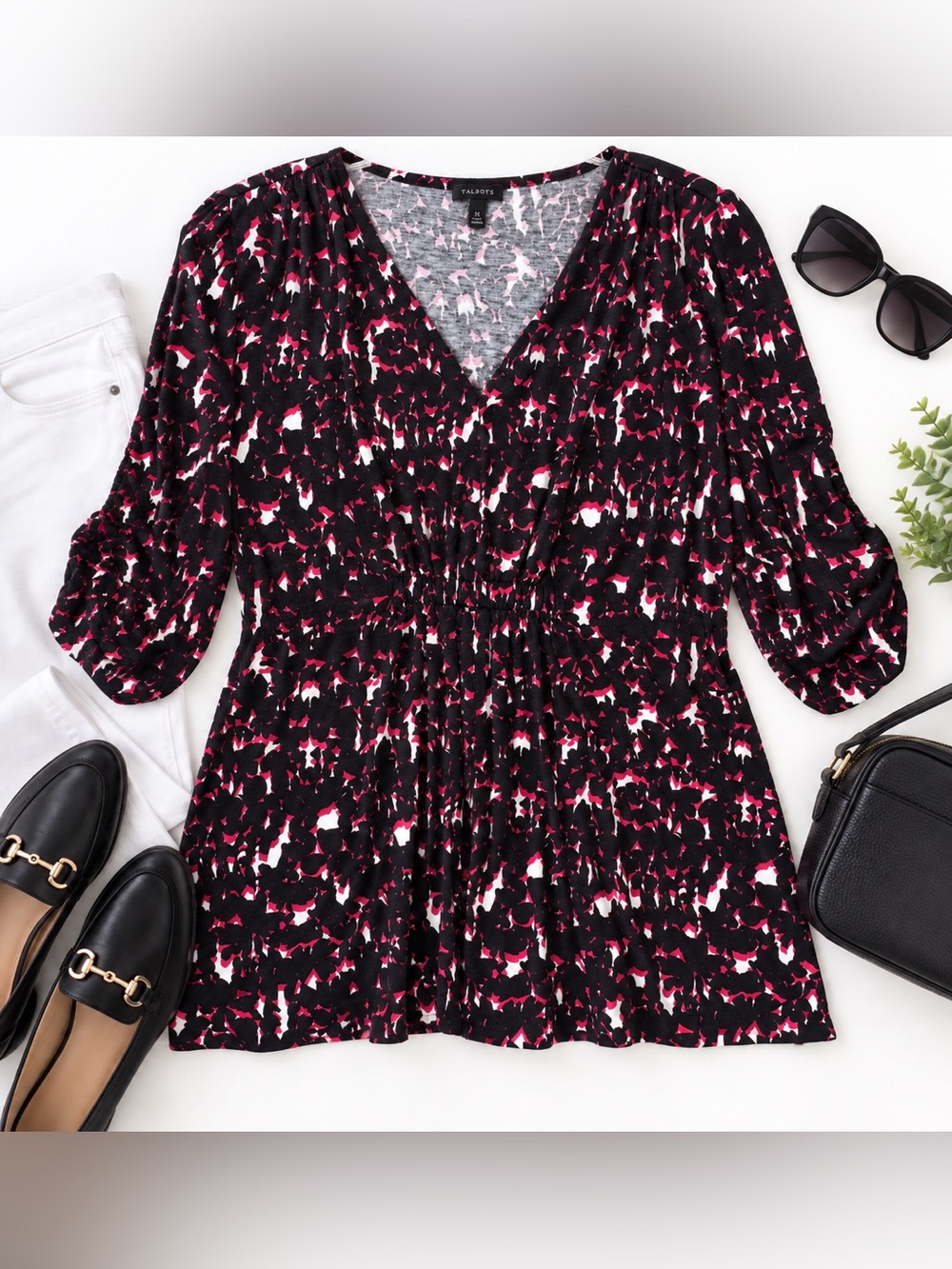Talbots XL Abstract Print Tunic Blouse Black Magenta White 3/4 Sleeve